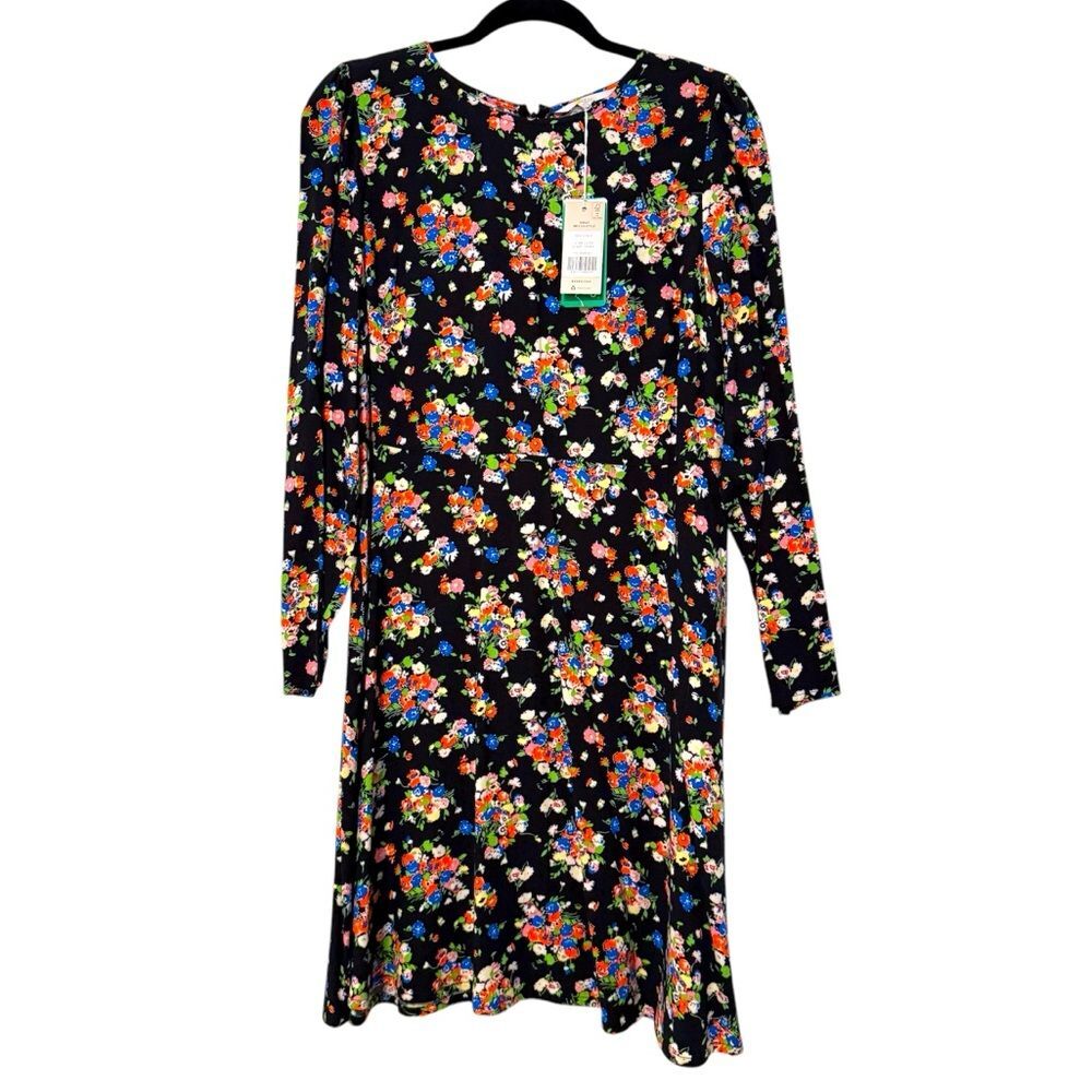 Boden Long Sleeve Dress Round Neck Black Orange Green Floral Size 12‎